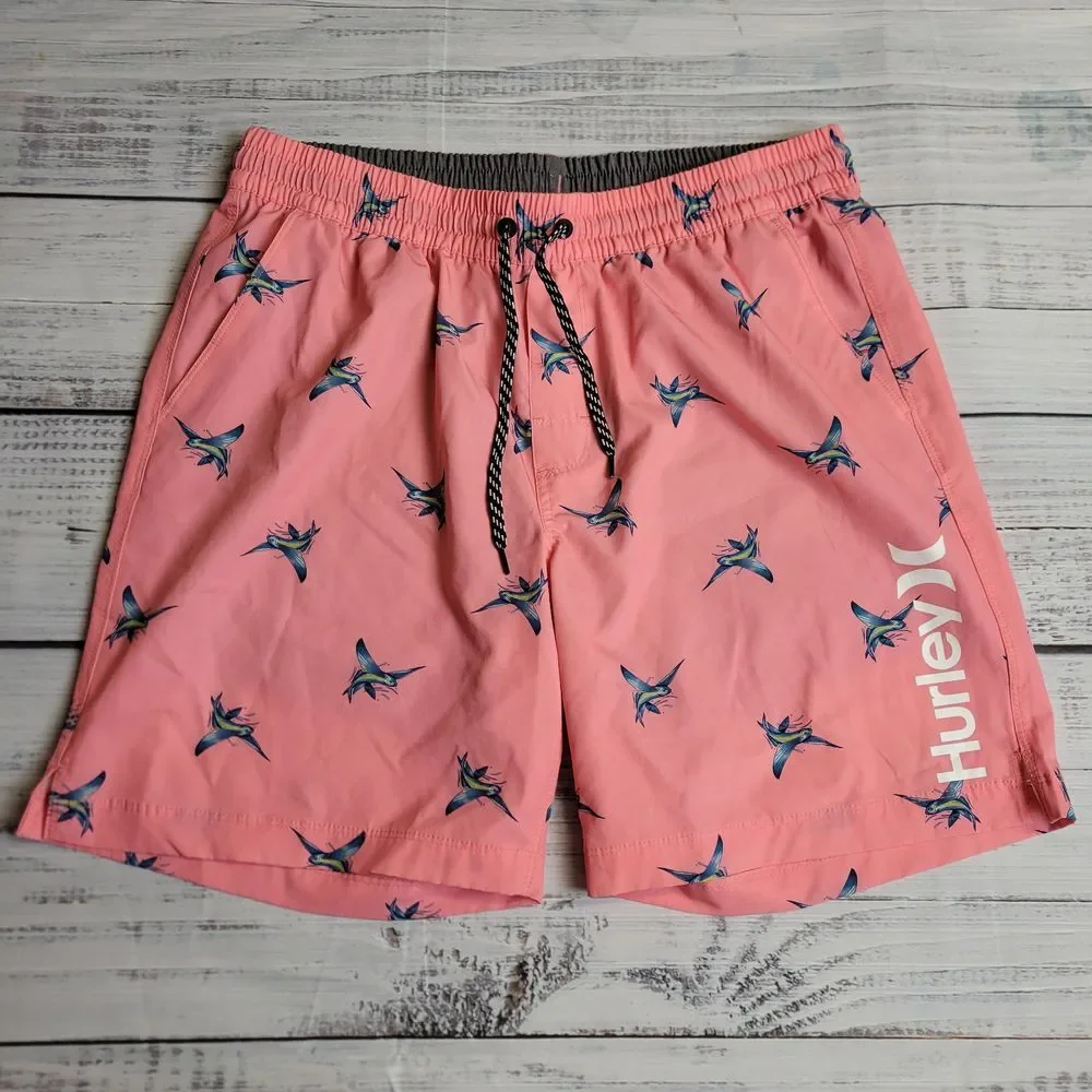 Hurley Mens Large Volley Board Shorts Elastic Waist Pink Blue Fish Lined 18
